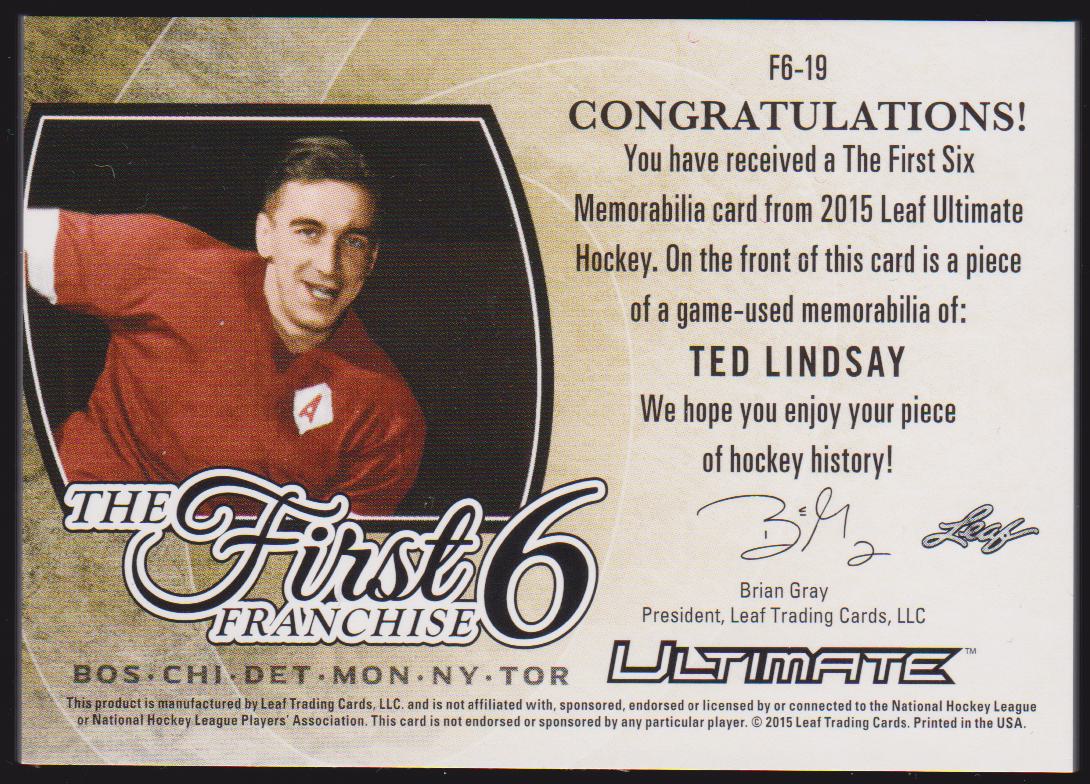 (image for) 2015-16 Leaf Ultimate The First Six Relics Blue Spectrum #F619 Ted Lindsay 2/5