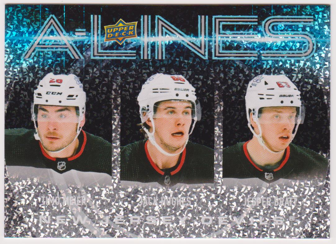 2024-25 Upper Deck A-Lines #AL18 Timo Meier/Jack Hughes/Jesper Bratt (image for) 2024-25 Upper Deck A-Lines #AL18 Timo Meier/Jack Hughes/Jesper Bratt