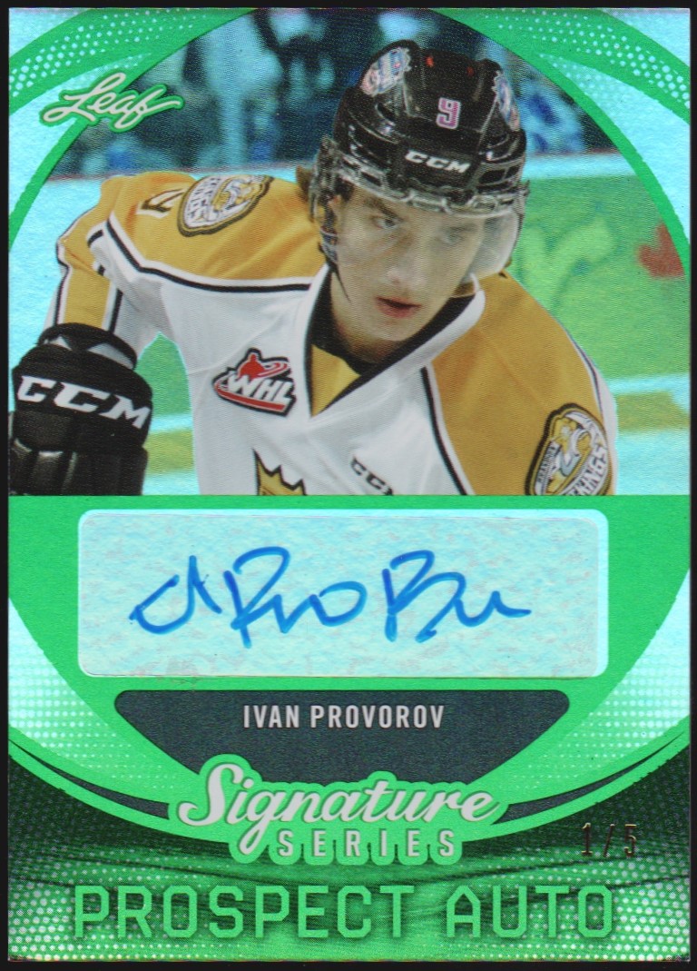 2015-16 Leaf Signature Series Prospects Autographs Green #SPIP1 Ivan Provorov 1/5 (image for) 2015-16 Leaf Signature Series Prospects Autographs Green #SPIP1 Ivan Provorov 1/5